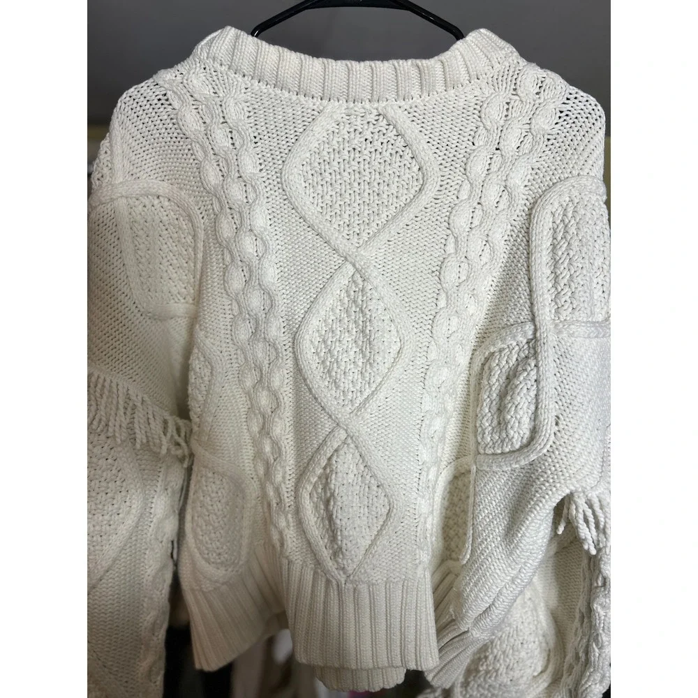 Macrame Line & Dot Cable Knit Fringe Sweater Heavy Cozy Boho Statement - Picture 2 of 6